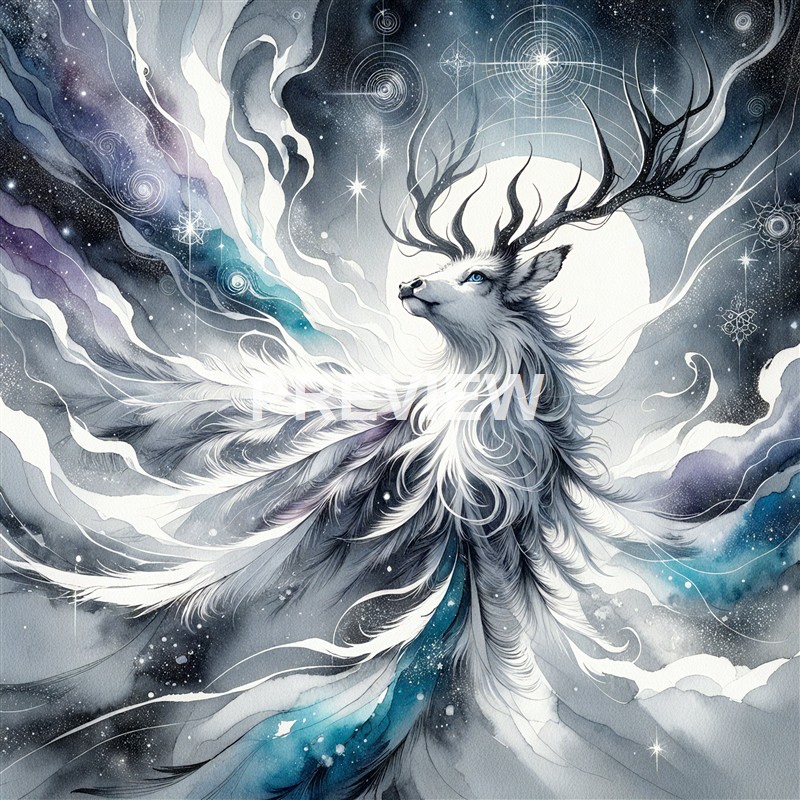A fantasy-style illustration of a majestic creature with the body of a bird and the head of a deer, with antlers that blend into a cosmic, starry background illuminated by a large full moon.